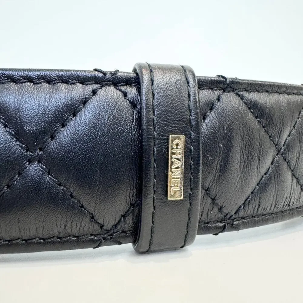 CHANEL Quilted Black Lambskin Leather Belt 90 CC Chain 19 Logo Gold Buckle 36